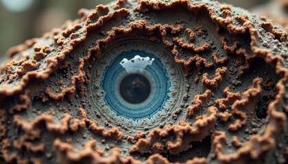 Gigapixel close-up reveals concentric layers surrounding a captivating iridescent blue focal point.