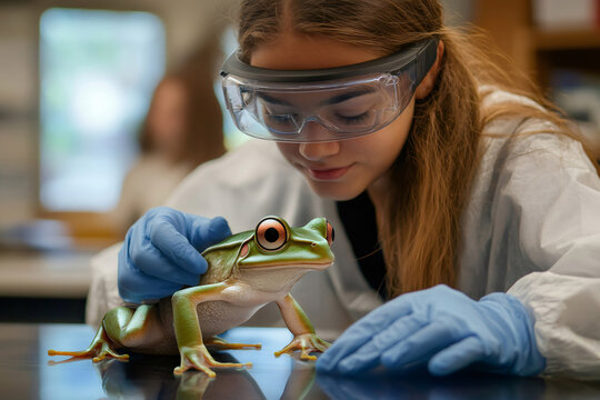 Biology student wearing lab coat and protective goggles examining holographic frog projection using augmented reality technology in modern laboratory