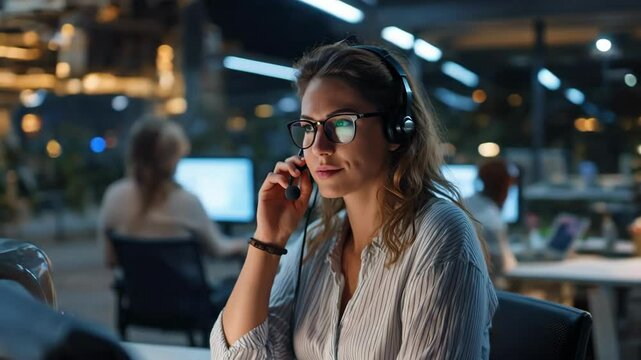 Focused female customer service representative in modern office late evening