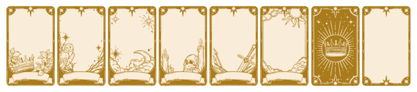 Tarot card doodle frame, magic fantasy game border set vector hand drawn spiritual sign occult print. Vintage astrology witchcraft deck template, reverse side design, sword, sun, moon. Tarot frame kit