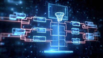 Basketball Bracket Chart Illuminated in Digital Cyberspace During Competitive Tournament Season Showcasing Match Setups