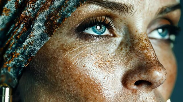Hyper-realistic close-up of a woman face with detailed freckles, smooth glowing skin, and sharp blue eyes, partially covered by a patterned scarf