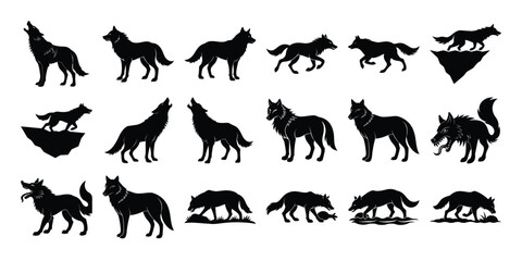 Wolf Silhouette Vector Collection – Howling, Walking, Hunting Wolves in Various Poses on white background 