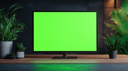Empty television screen with bright green background in modern interior design showcasing minimalistic decor