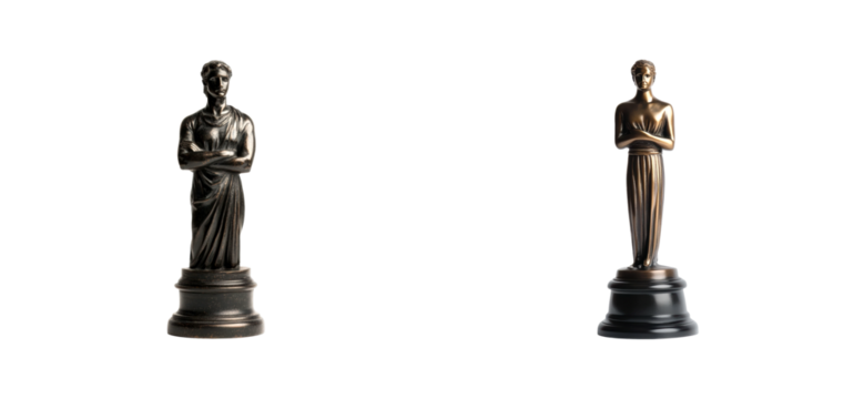 Two statues of men, one of which is holding a hand over his heart. Isolated png set