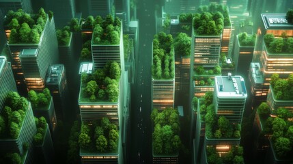 Skyscrapers with lush vegetation on rooftops and balconies reflect a commitment to sustainability and biodiversity. Advanced urban design promotes renewable energy and smart resource management.