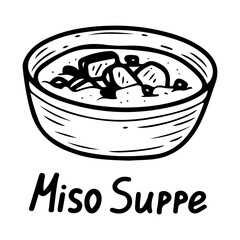Bowl of miso soup. Hand drawn doodle vector. Traditional Asian food. Seaweed, tofu pieces, green onion. Restaurant menu. Illustration line art element.