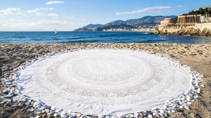 White mandala beach blanket on sandy shore.