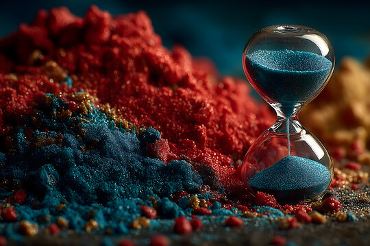 Luxurious hourglass with red and blue sand – time and contrast concept