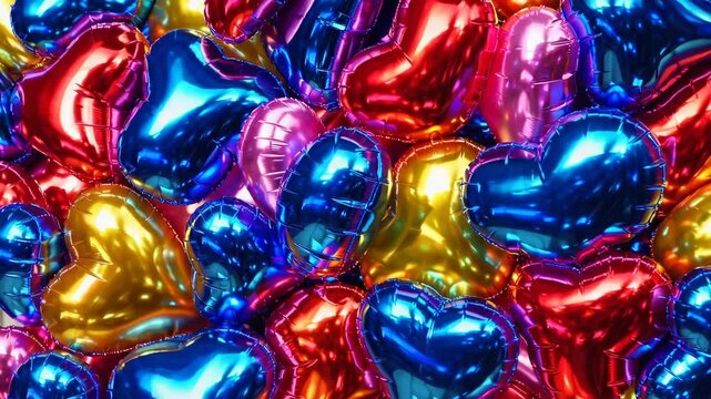 Colorful heart-shaped foil balloons in red, blue, gold and pink with shiny reflections densely packed for festive party or celebration decoration theme