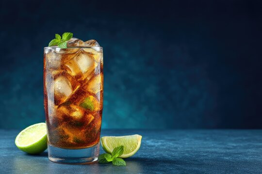 Effervescent brown cola with lime wedges, mint, and ice cubes in a clear glass on a textured blue background, ideal for beverage branding and menu designs