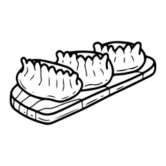 Gyoza dumplings on wooden plate. Hand drawn doodle vector. Traditional Asian food. Jiaozi. Dim sum. Dough with meat or vegetable filling. Restaurant menu. Illustration line art element.