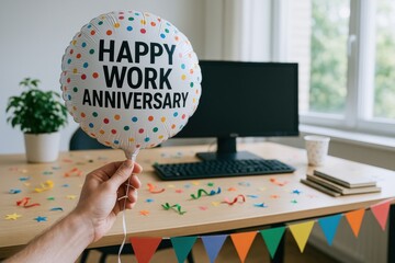 A hand holds a "Happy Work Anniversary" balloon in an office decorated with colorful confetti and banners, celebrating a work milestone.