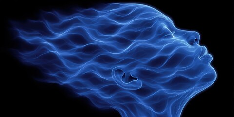 Ethereal representation of tranquility and inner peace showcased through flowing blue light waves enveloping the profile of a serene woman capturing the essence of emotional fluidity and digital