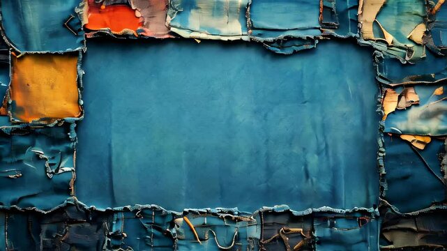 Patchwork denim fabric with a hole in the middle copy space