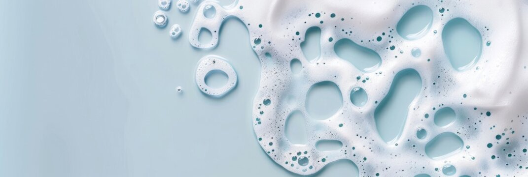 close-up, lush white detergent foam, washing foam, top view, horizontal banner for a cleaning company or laundry, poster, abstract blue background, copy space, free space for text