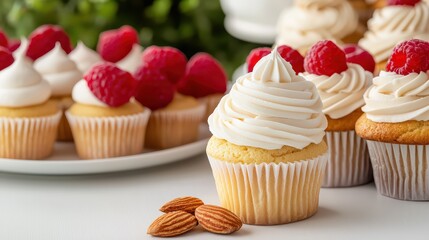 Delicious Vanilla Cupcakes with Whipped Cream Topping and Fresh Raspberries on a Light Background