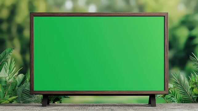 Blank green screen display on wooden table in outdoor setting surrounded by lush green foliage and soft bokeh background
