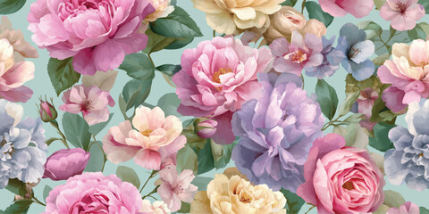 Watercolor Peony Floral Seamless Pattern. Elegant Bloom Botanical Design for trendy design, textile, packaging, fabric, wallpaper, branding, stationery, wrapping paper interior decor.