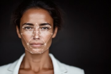 Fototapeta premium Facial recognition technology highlighting artificial intelligence applications on a confident woman expressing determination within a modern digital framework emphasizing innovation