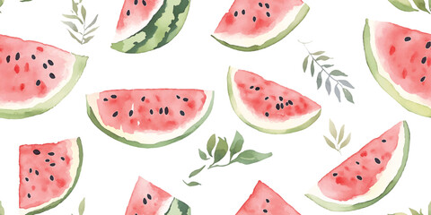 Refreshing Watercolor Watermelon Fruit Seamless Pattern. Juicy Summer Food Slice Design for trendy design, textile, packaging, fabric, wallpaper, branding, stationery, wrapping paper interior decor.