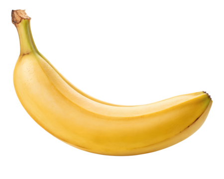 High-resolution ripe banana isolated on a transparent PNG background. Features smooth yellow skin with natural curves, ideal for food packaging, healthy lifestyle designs, and educational use.