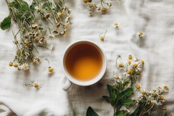 Flat Lay White Ceramic Cup Warm Herbal Tea Chamomile Mint