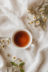 Flat Lay White Ceramic Cup Warm Herbal Tea Chamomile Mint