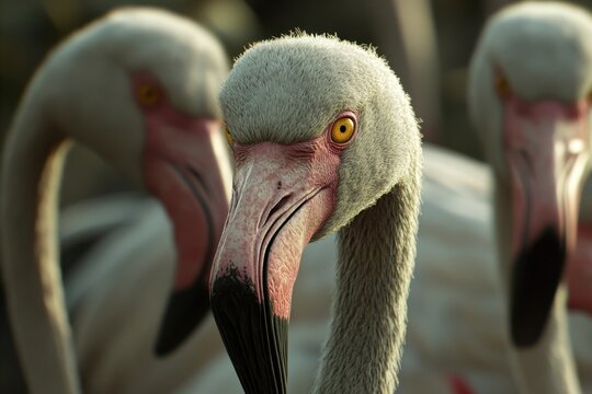 Flamingos elegantly turning their heads in a serene setting during golden hour, Close up of flamingos turning their heads