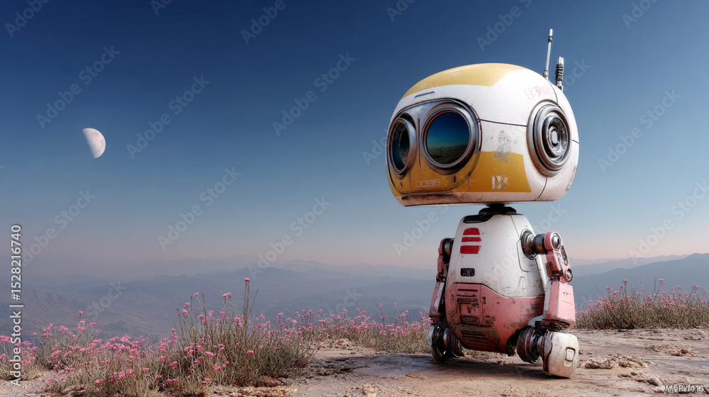 Poster a small robot stands on an unknown planet, surrounded by colorful vegetation and rugged terrain. the