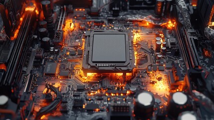 Close-up view of a computer circuit board with glowing components.