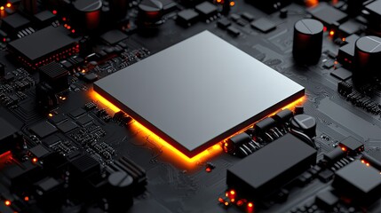 Close-up view of a glowing circuit board with a central processor.