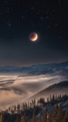 Lunar Eclipse Over Misty Mountains with Starry Sky and Fog