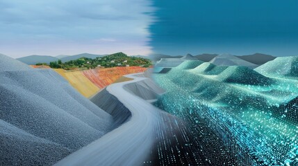 Sidebyside comparison of a physical quarry landscape and its digital twin representation illustrating the synchronization of data for efficient resource management.