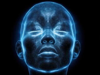 A captivating futuristic wireframe portrait of a serene human figure illustrating digital consciousness and innovation reflecting emotions through advanced visual technology