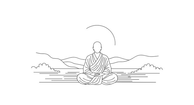 monk meditating in nature, black and white clip art preview