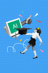 3D collage trend artwork poster of schoolgirl walk smile hold graduate cap computer thumb gesture futuristic intellect digital study pupil