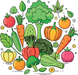fresh vegetables including carrots, broccoli, and bell peppers, clean vector