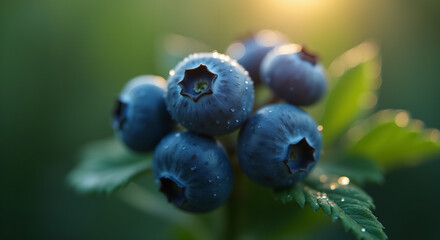 Fresh blueberries on plant with morning dew in natural light  