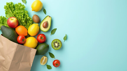 Photorealistic top-down view of fresh fruits and vegetables (oranges, lemons, apples, tomatoes, avocado, kiwi, lettuce) spilling from a brown paper grocery bag onto a light blue background. Ample copy