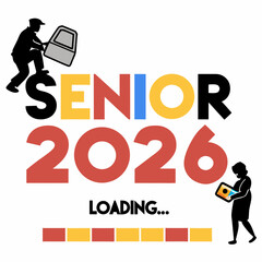  Pixelated game-style “Senior 2026 Loading…” text with bright color blocks,
