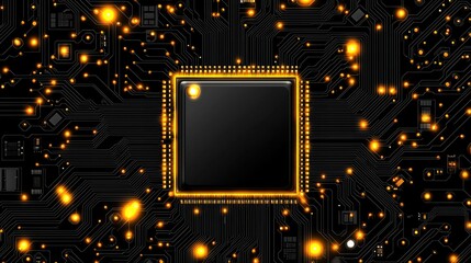 Close-up view of a circuit board with a highlighted central processor chip.
