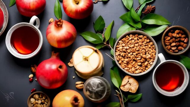 Overhead view of pomegranates, apples, nuts, tea and honey on dark background. Still life showcasing autumnal and festive food elements.
