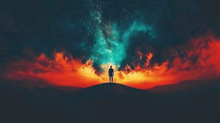 Solitary figure stands on a hilltop at sunset.