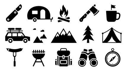 Camping and Outdoor Adventure Vector Icons for Hiking, Camping, and Exploration