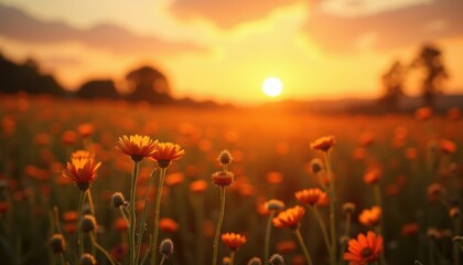 A field of bright orange calendula flowers glows under the golden light of the setting sun, warm