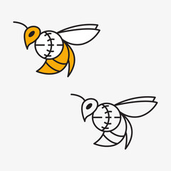 A cute cartoon bumblebee with black and yellow wings flies near a flower, smiling and collecting honey