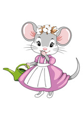 Shy little lady mouse with a garden watering can