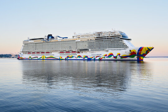 Seattle - June 8, 2025; Cruise ship Norwegian Encore arriving in Seattle after Alaskan journey