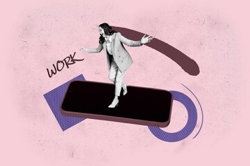 Full 3d poster art collage of happy businesswoman businessman stand phone screen workload tension it-specialist workaholic